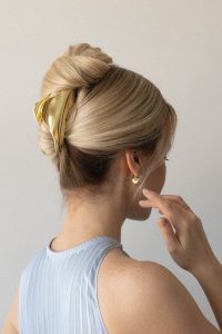 Easy French twist updo with a claw clip – simple hairstyle idea for long hair.